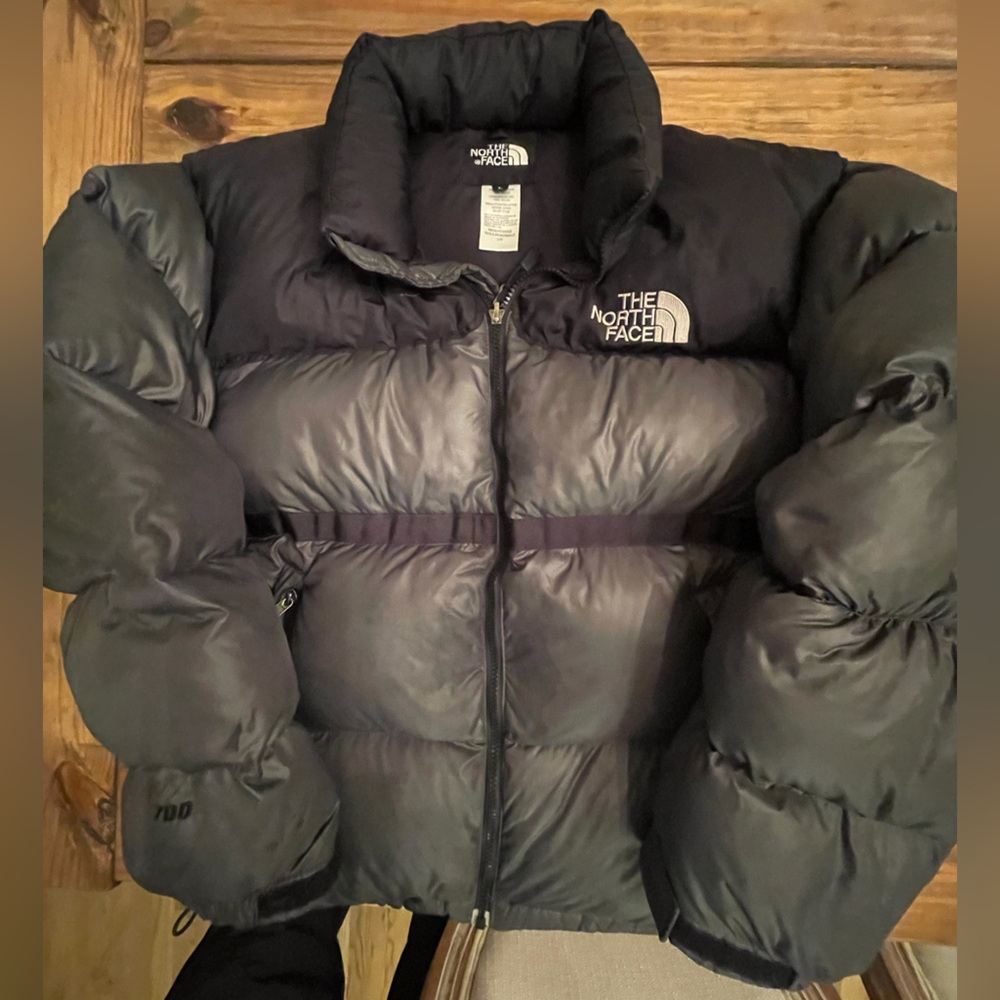 NORTH FACE 700 DOWN JACKET GREY AND BLACK MENS LARGE W HOOD THICK GOOD CONDITION